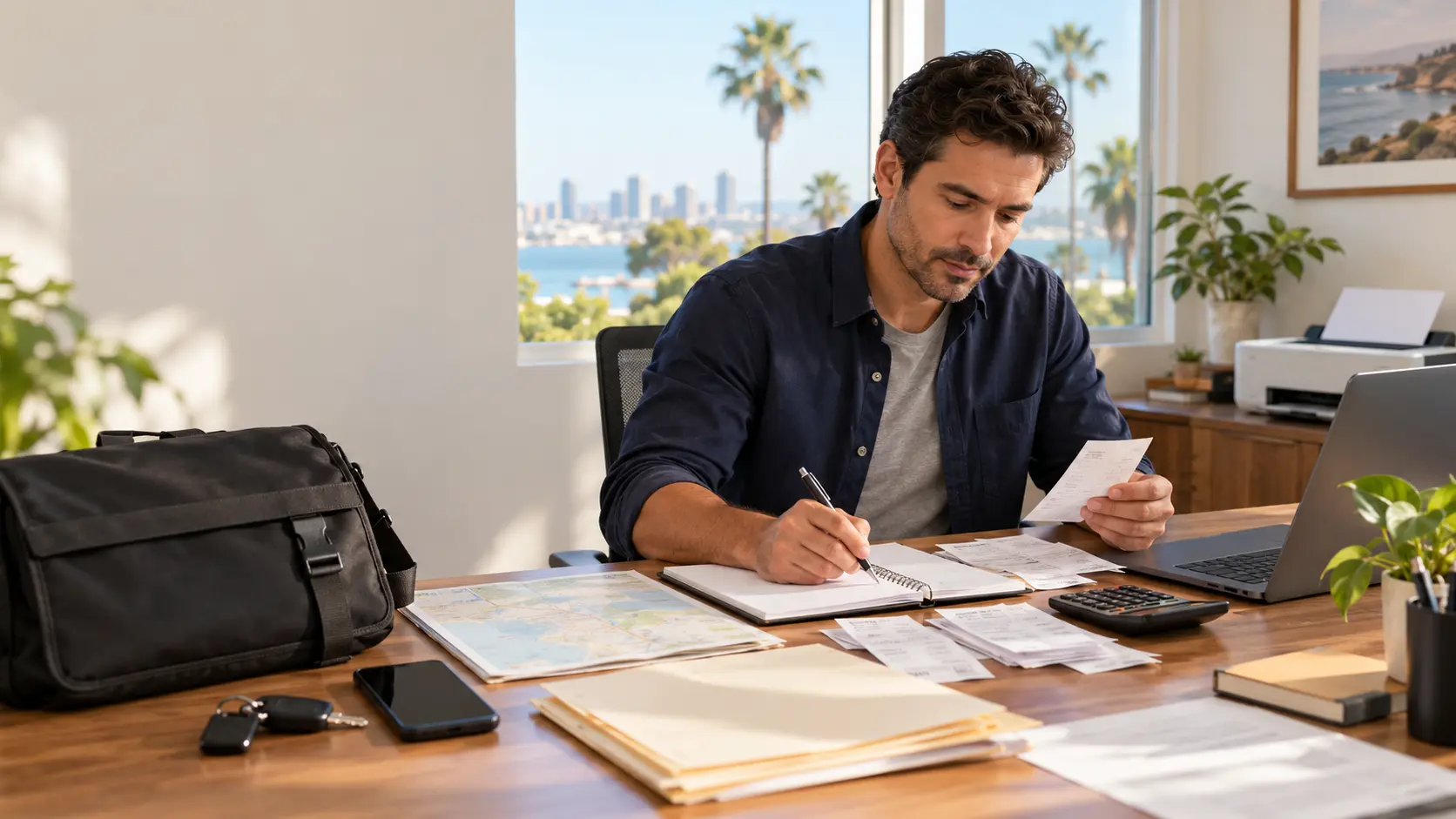 California process server organizing business expenses, mileage records, receipts, and tax documents