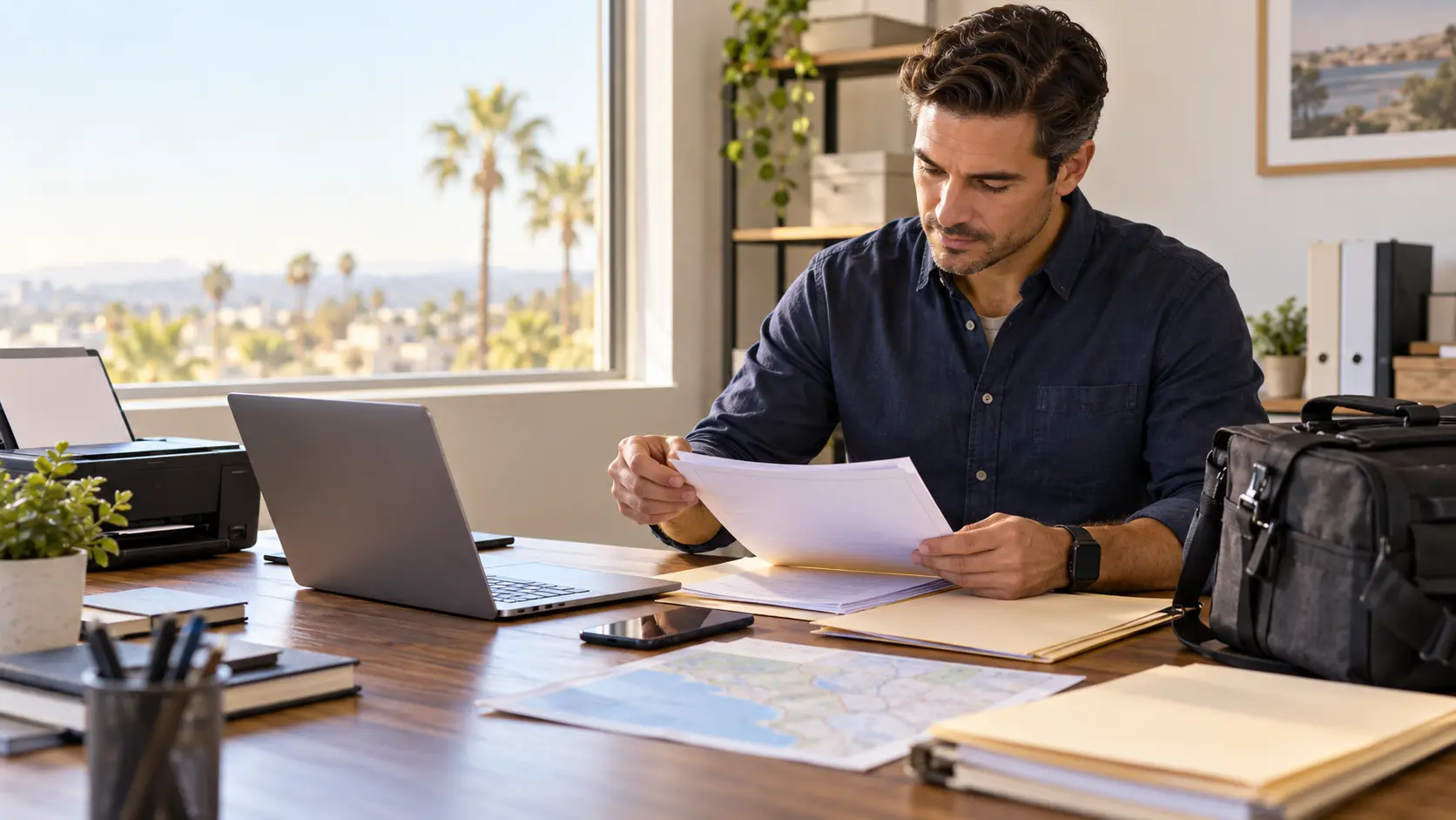 California process server setting up a new business with legal documents, technology, and route planning